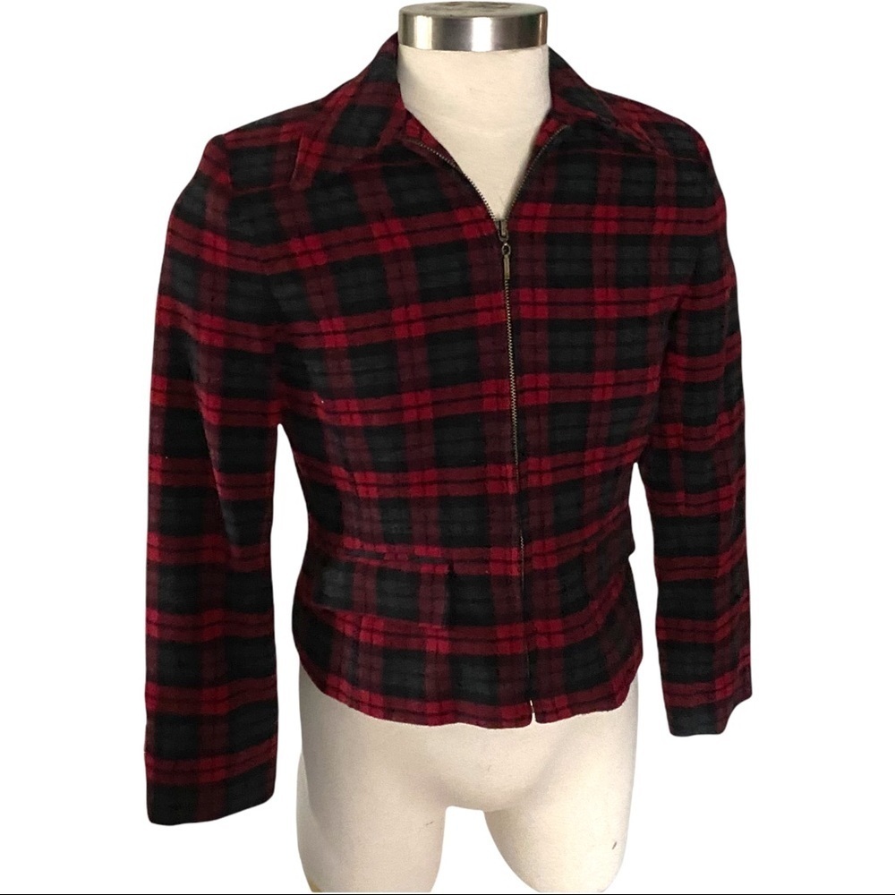 Harris Wallace Red & Black Wool Blend Plaid Check Full-Zip Jacket Sz M
